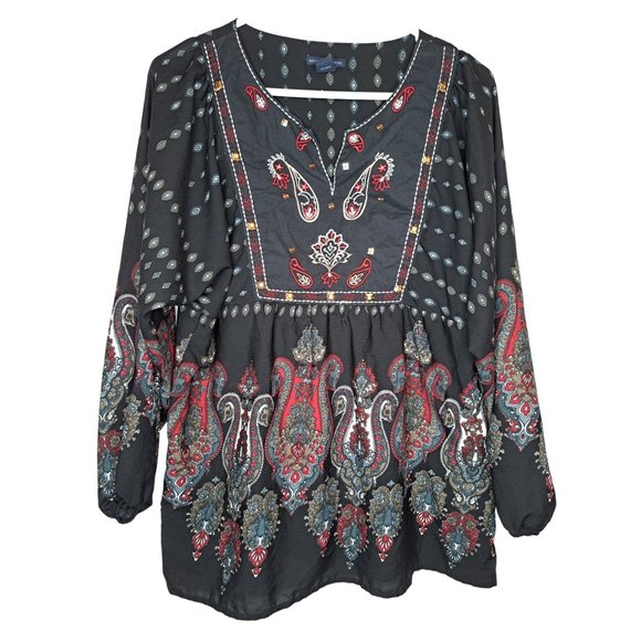 Westbound Petites PL Black Paisley Tunic Boho Embroidered Peasant Top - Picture 1 of 3